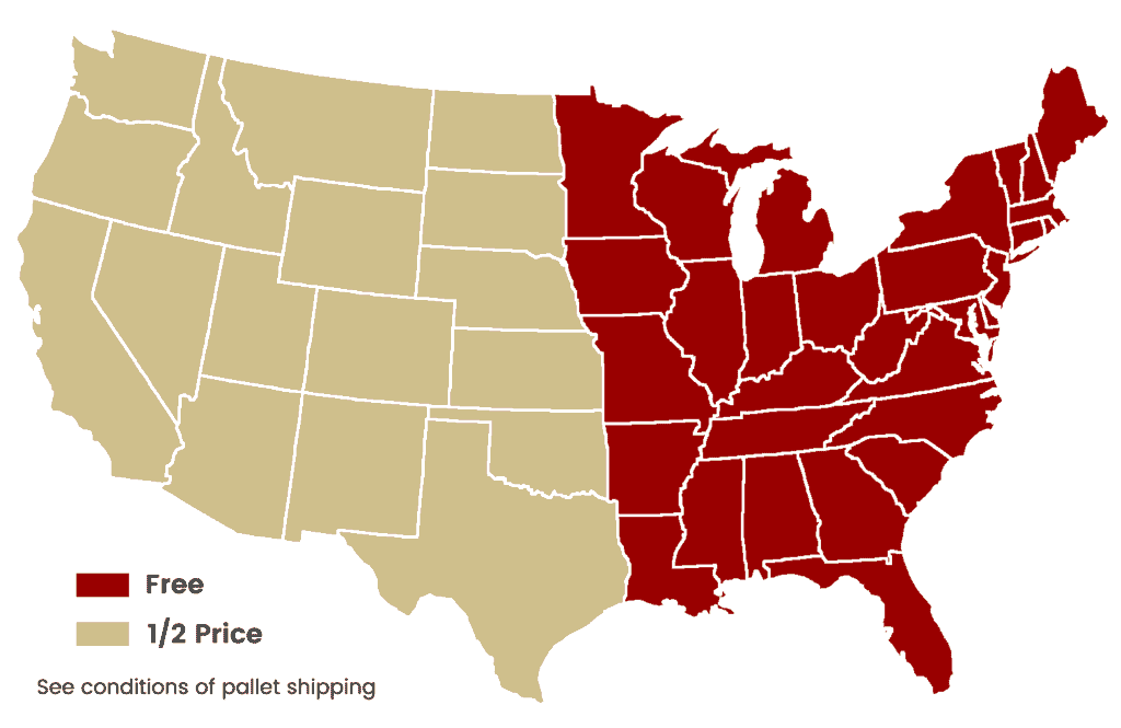 Graphical representation of our shipping zones. The states that fall into the eastern United States are colored in red. The states that fall into the western United States are colored in beige.